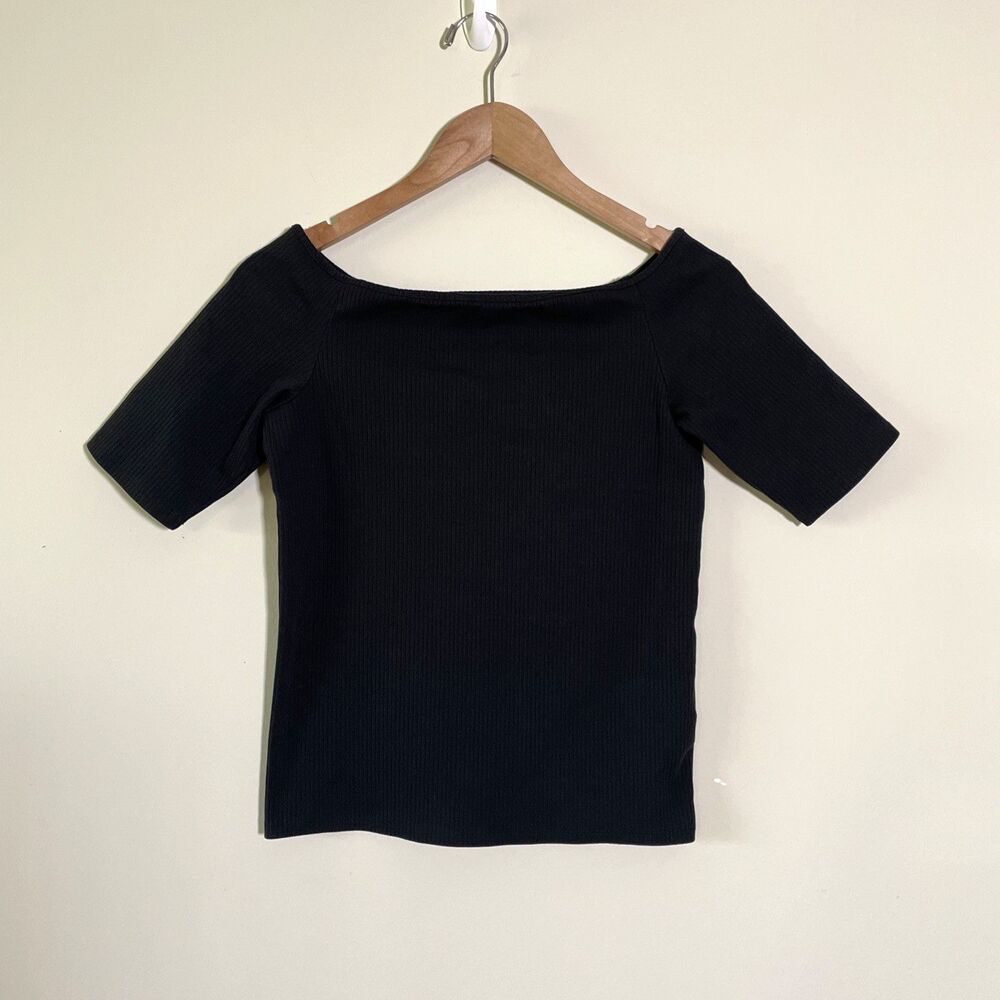Madewell Women’s Black Ribbed Knit Short Sleeve Scoop Neck Top Sz Large Stretch